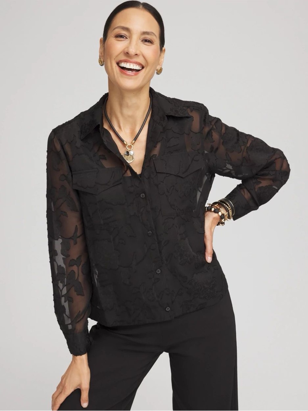 Chico’s Long Sleeve Floral Burnout Camp Shirt SZ 3.5 US 18 Front Pocket Black